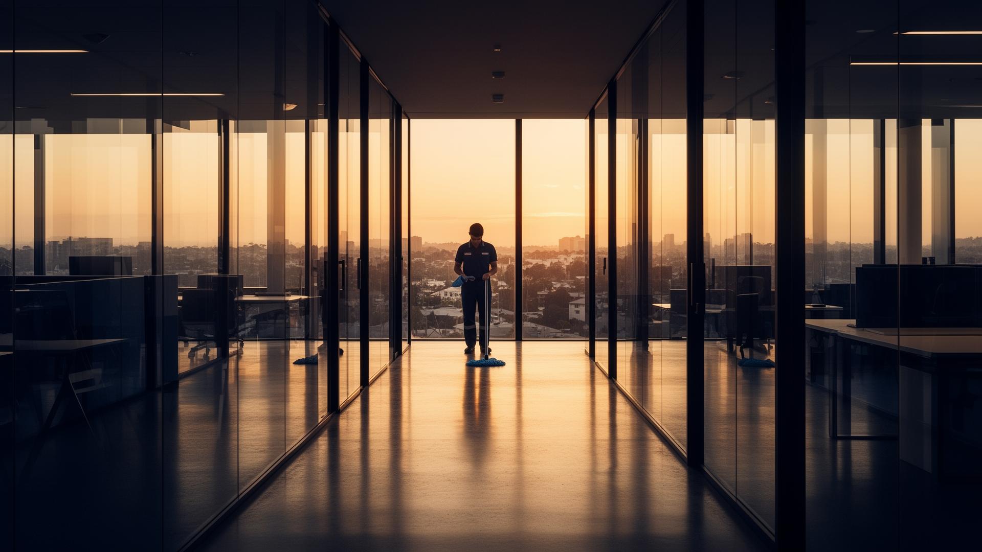Cleaner in a modern Melbourne office at golden hour